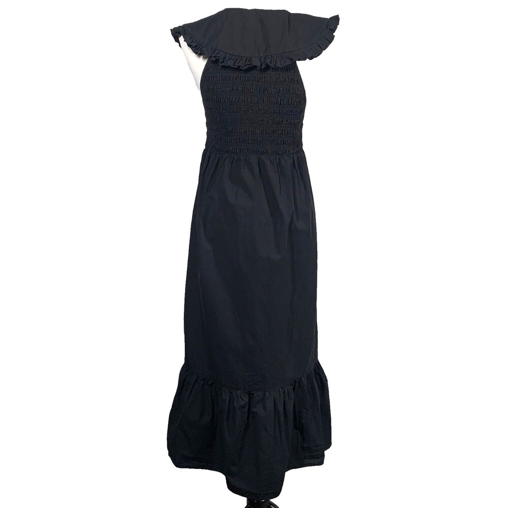 Topshop Oversized Collar Shirred Midi Dress in Black Size 10 Ruffle Hem Smocked - Picture 4 of 9
